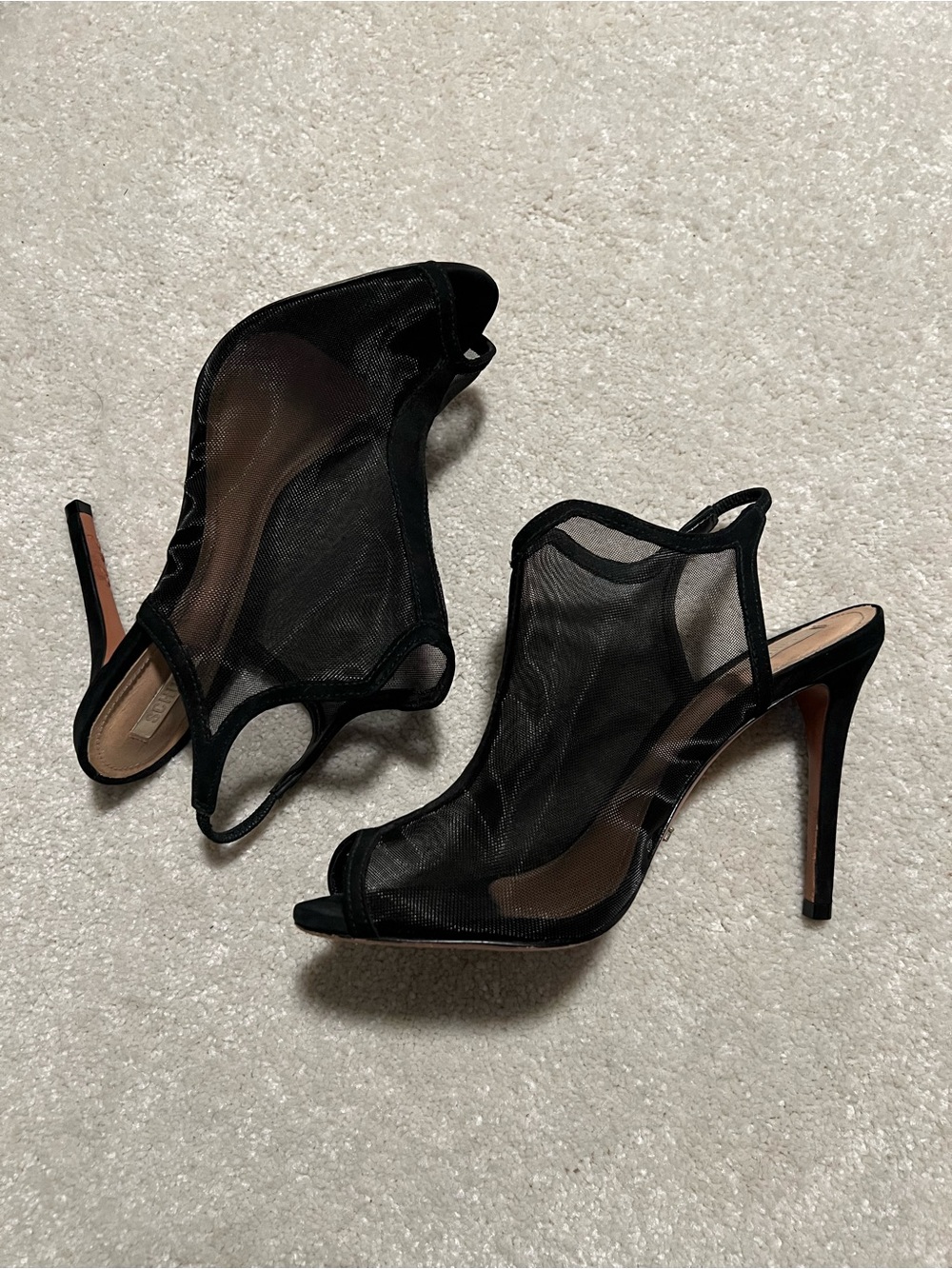 SCHUTZ Black Mesh Peep-Toe Slingback Stiletto Heels